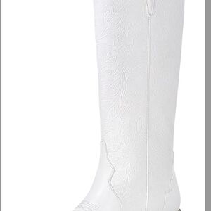 White Embossed Knee-High Heeled Boot